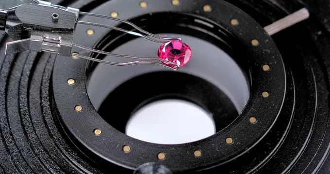 A gemstone held in tweezers on the stage of a gemmological microscope.
