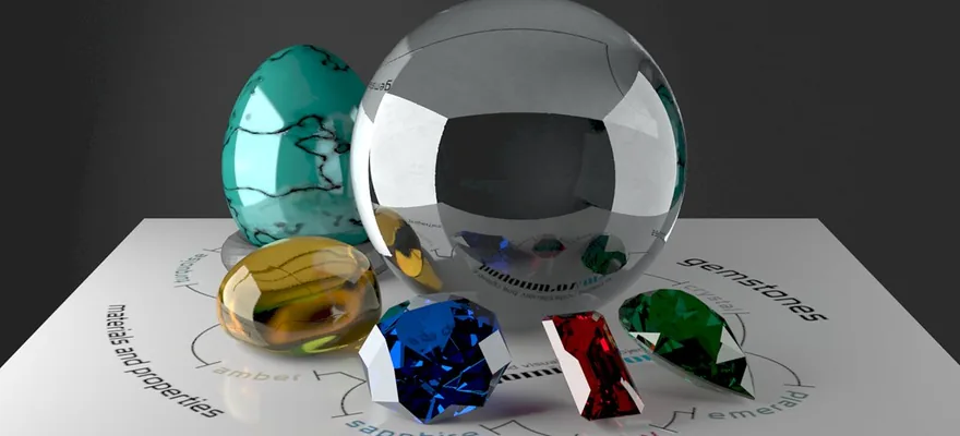 Faceted coloured gemstones grouped beside polished spheres.